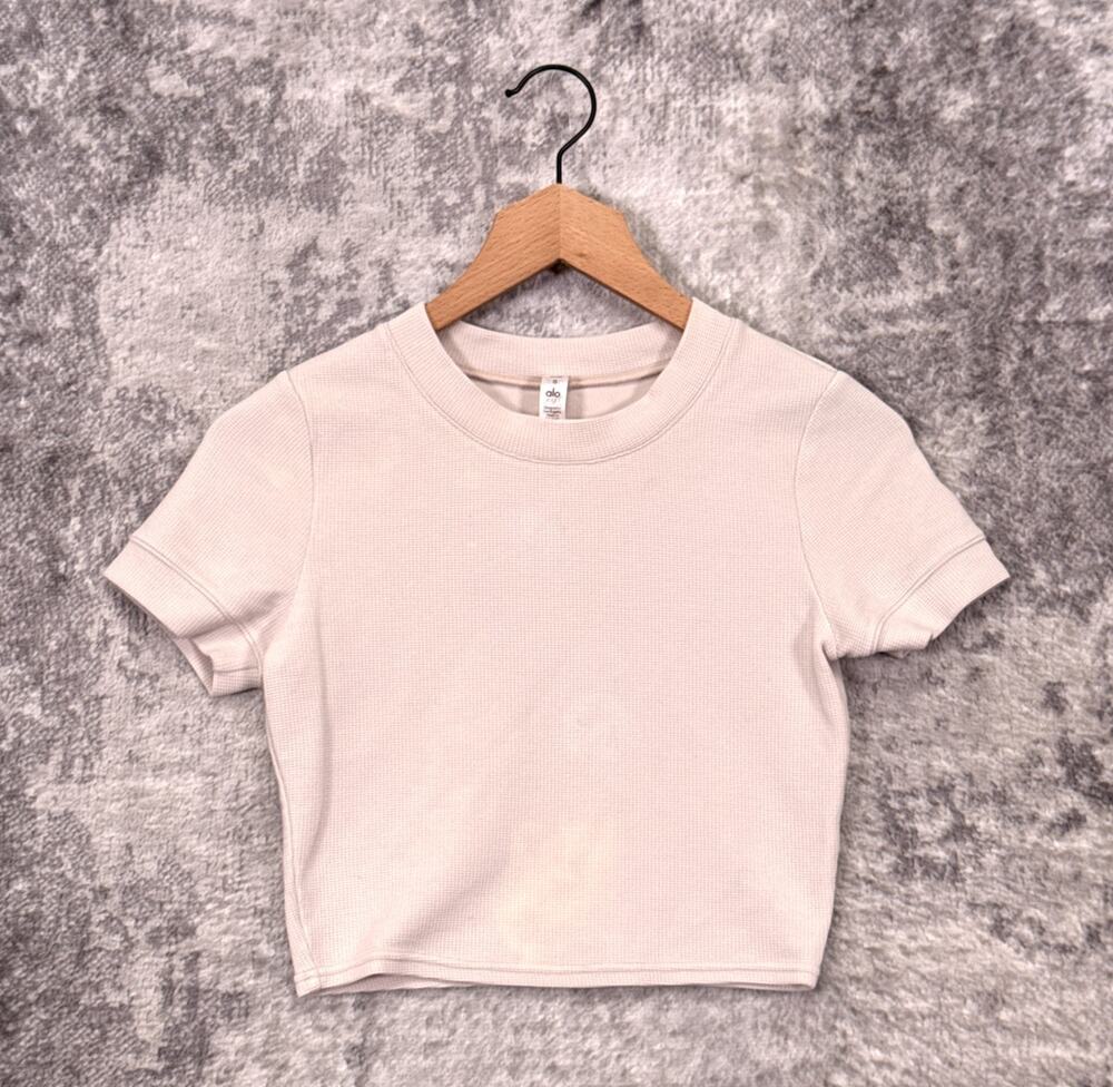 ALO Shirt Small Womens Waffle Knit Crop Short Sleeve